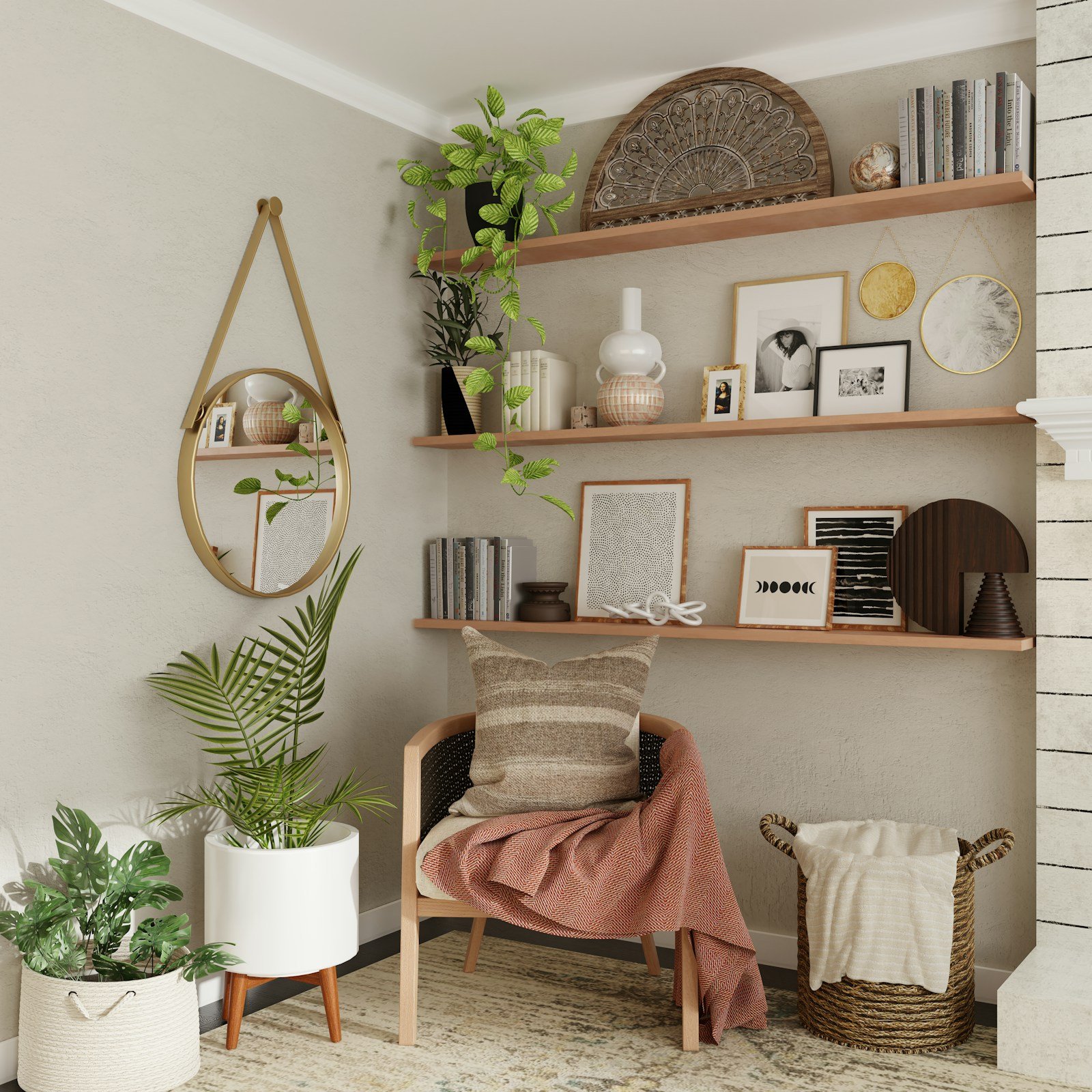 Kệ phòng khách được sắp gọn với đồ dùng và decor đặt có chủ đích, tạo thói quen ngăn nắp