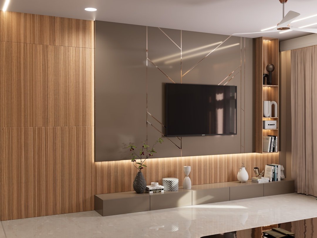 Kệ tivi kết hợp panel giúp mảng tường có chiều sâu và điểm nhấn rõ hơn