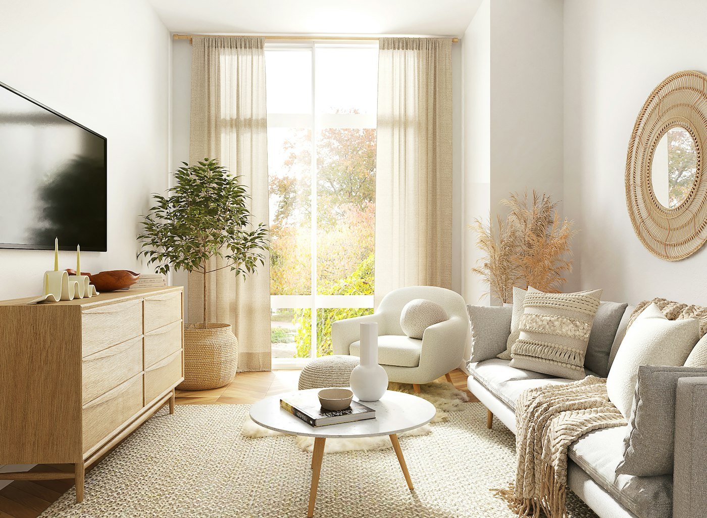 Phòng khách căn hộ sáng gọn với bố cục thoáng, sofa nhẹ và khoảng thở rõ trong khu ngồi chính